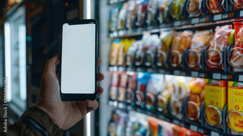 Poster Realistic POV capture of a hand holding a mobile phone with a blank white screen near the selection buttons of a vending machine Stock Photo with copy space