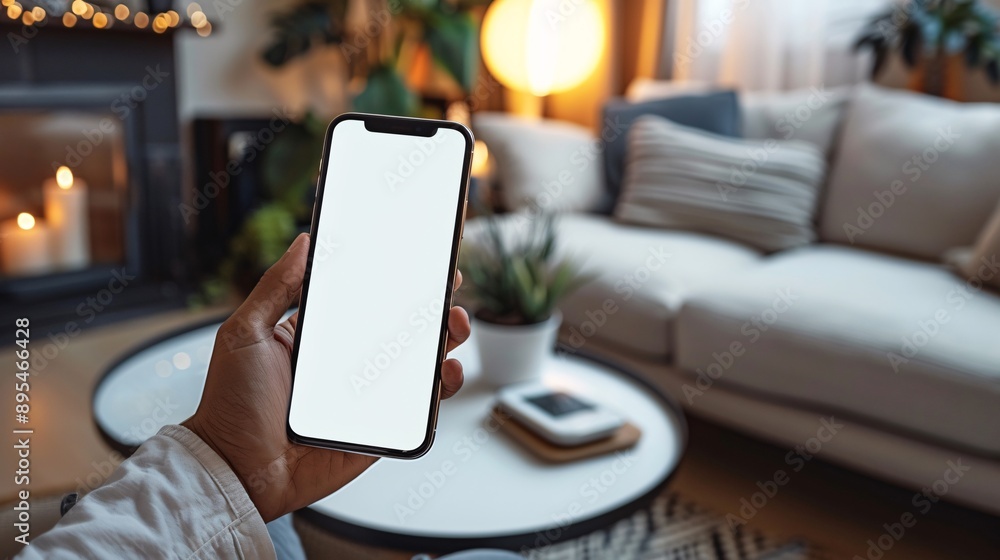 Aufkleber realistic pov capture of a hand holding a mobile phone with a blank white screen near smart home dev