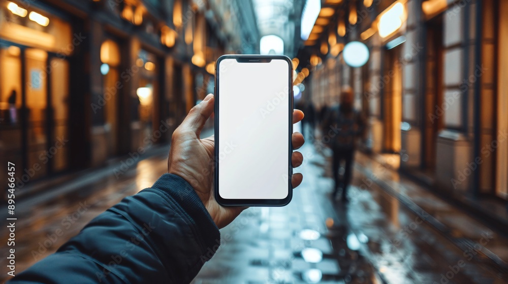 Poster Realistic POV capture of a hand holding a mobile phone with a blank white screen open to a social media app interface Stock Photo with copy space