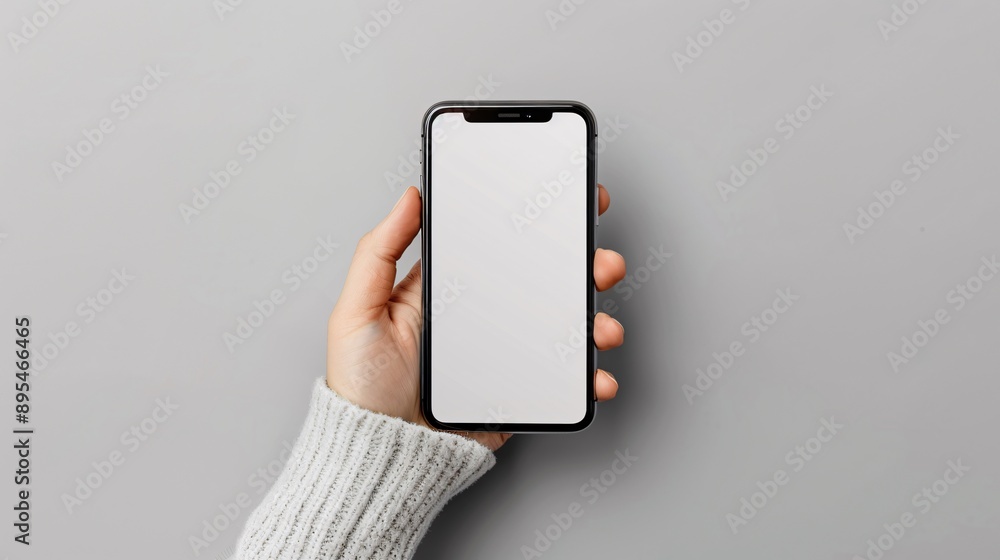 Poster detailed pov shot of a hand holding a mobile phone with a blank white screen open to a mobile bankin
