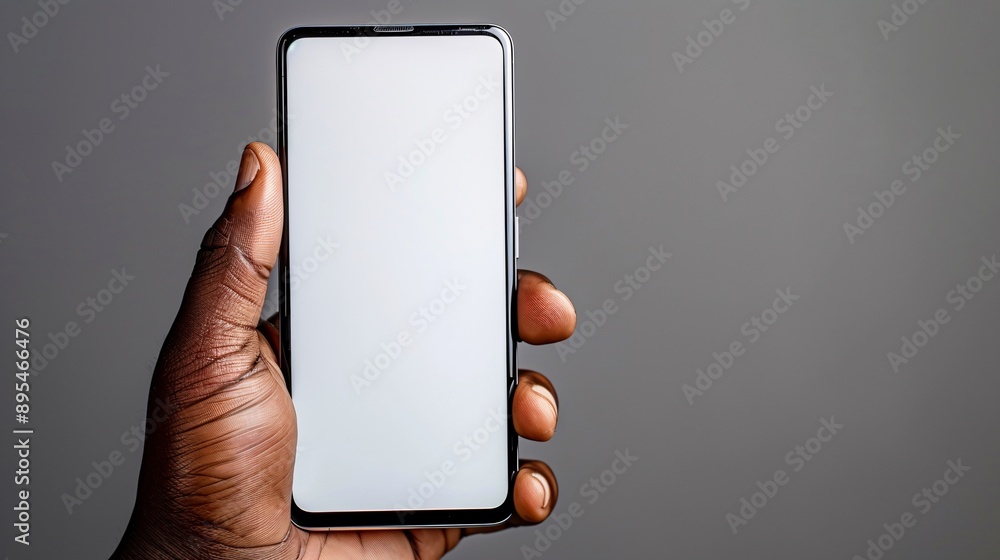 Poster Detailed POV shot of a hand holding a mobile phone with a blank white screen displaying a streaming app interface Stock Photo with copy space
