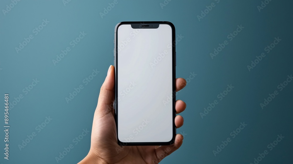 Poster Detailed POV shot of a hand holding a mobile phone with a blank white screen displaying a streaming app interface Stock Photo with copy space