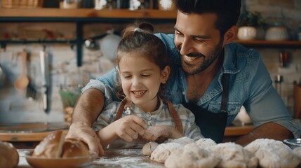 Happy Father and Daughter Making Dough in Family Kitchen