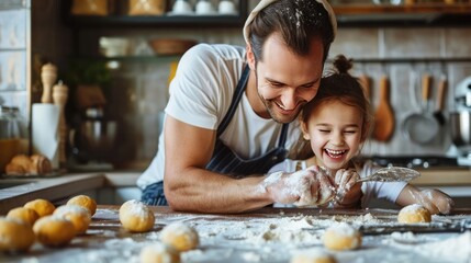 Happy Father and Daughter Making Dough in Family Kitchen