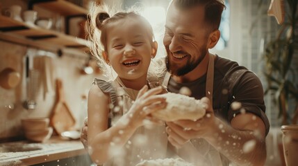 Happy Father and Daughter Making Dough in Family Kitchen
