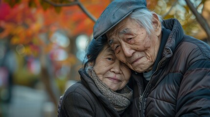 Two senior old Asian people in love, elderly man and woman hug and kiss