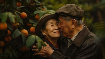 Two senior old Asian people in love, elderly man and woman hug and kiss
