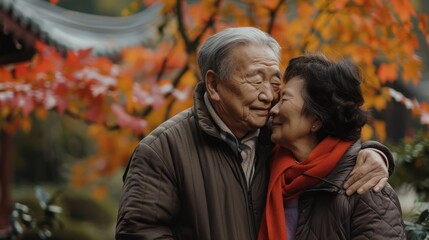 Two senior old Asian people in love, elderly man and woman hug and kiss