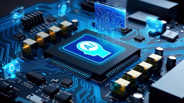 A computer chip with a blue AI logo in the center, surrounded by small blue icons on a circuit board.