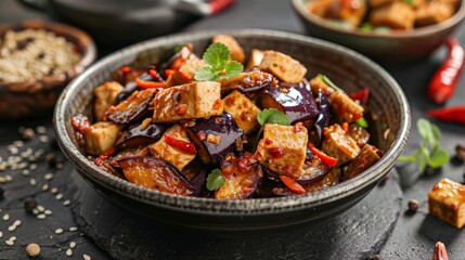 The national cuisine of Thailand. Thai appetizer of eggplant and tofu.