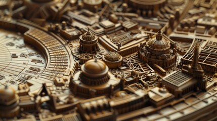 close-up of an intricate budget model made of finely carved wood and metal, representing different financial sectors and strategies