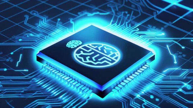 A blue computer chip with a brain symbol in the center, on a circuit board background.
