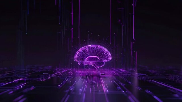 A glowing purple brain icon is in the center of the image, with a grid pattern of lines and streaks of light behind it.