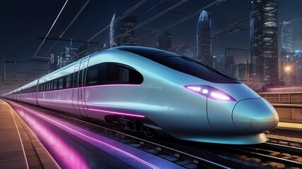 Fototapeta premium High-speed train in motion, illuminated with neon lights and futuristic design 