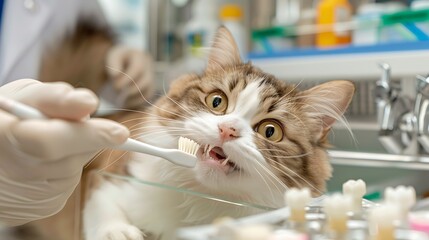 Ragdoll Cat Getting Teeth Brushed by Veterinarian with Toothbrush