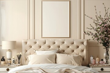 Chic Feminine Bedroom with Tufted Headboard, Vanity Table, and Poster Mockup for Fashion Illustrations and Beauty Products Ads
