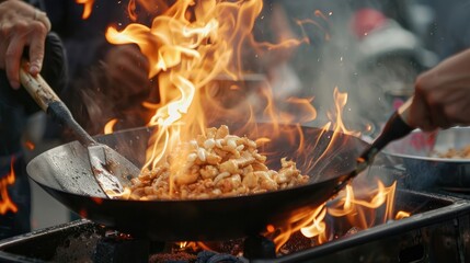 Close-Up of Street Food Cooking in Wok Over Open Flames