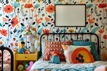 Whimsical and Colorful Bedroom Decor for Children with Blank Poster Mockup Above Bedside Table