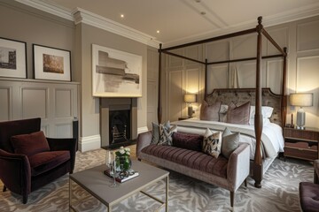 Luxurious Master Bedroom with Four-Poster Bed, Fireplace, and Mockup Poster Above Velvet Armchairs Elegant and Sophisticated Living Space