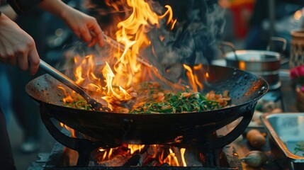 Close-Up of Street Food Cooking in Wok Over Open Flames
