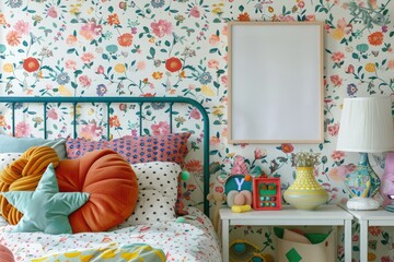 Vibrant and Whimsical Child's Bedroom with Blank Poster Mockup and Colorful Accessories