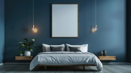 Modern Minimalist Bedroom with Platform Bed and Blank Poster Mockup on Deep Blue Wall