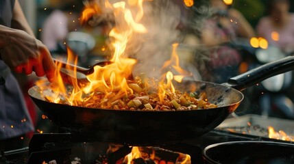 Close-Up of Street Food Cooking in Wok Over Open Flames