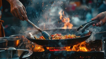 Close-Up of Street Food Cooking in Wok Over Open Flames