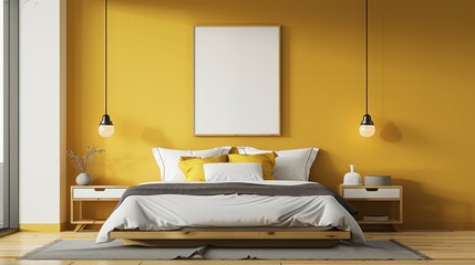 Modern Minimalist Bedroom with Yellow Accent Wall and Poster Mockup