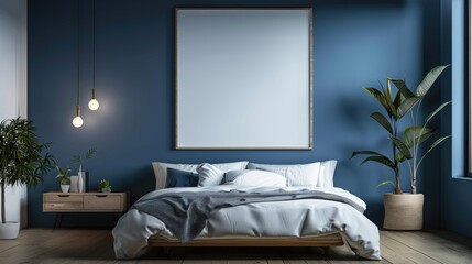 Serene Minimalist Bedroom with Platform Bed, Blue Wall, and Blank Poster Mockup