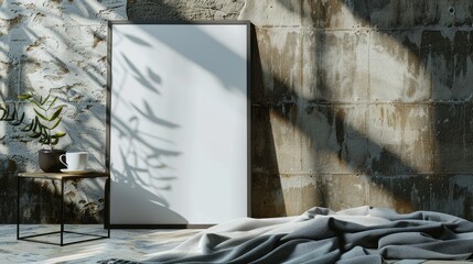 Cozy Mockup Poster on Textured Wall with Blanket and Coffee Cup for Home Decor Inspo