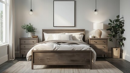 Tranquil Guest Bedroom with Queen-Size Bed and Blank Poster Mockup, Creating a Comfortable Space for Visitors