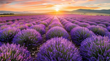 Obraz premium Lavender field stretching to the horizon under a golden sunset, panoramic sight, Flora, Lavender Horizoncopy space for text, focus cover all object, deep dept of filed