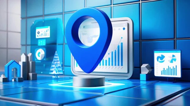 A large blue location pin sits on a white platform in front of a blue tiled wall. Charts and graphs are displayed on screens behind it.