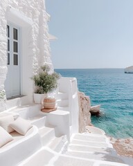 Obraz premium white greek house with blue doors and windows, stone path leading to the sea in front of it
