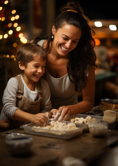 mother and child baking cookies in christmas smiling and happy