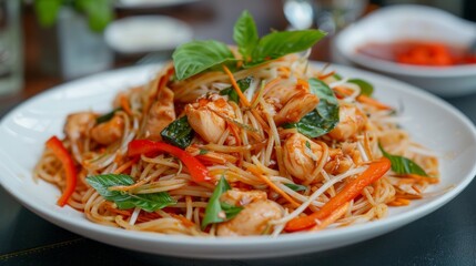 The national cuisine of Thailand. Thai pasta with chicken fillet.