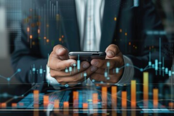 Businessman analyzing financial data on a smartphone with digital graphs and charts overlayed. Financial analysis, stock market, investment strategies, corporate finance, data visualization concepts.