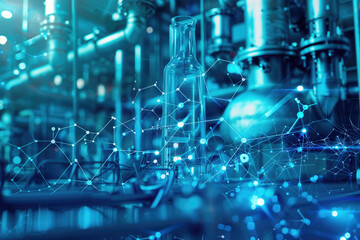 Fototapeta premium Futuristic Industrial Machinery with Digital Data Network Integration. Industry 4.0, smart manufacturing, automation, IoT, cyber-physical systems, digital twin, factory automation, industrial robotics
