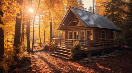 Rustic Cabin in Autumn Forest