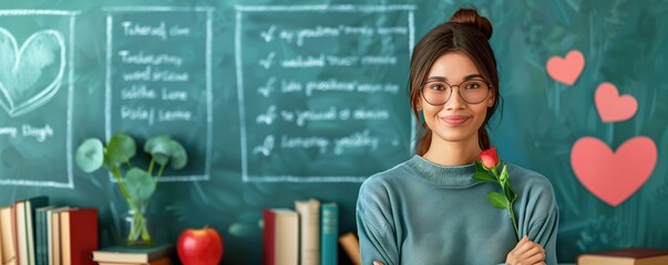 Smiling teacher holding a rose in classroom with chalkboard filled with notes and decorations. World Teacher's Day, teaching, appreciation, classroom setting, teacher's day concept.