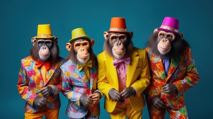 Obraz premium Four Chimpanzees in Suits and Hats