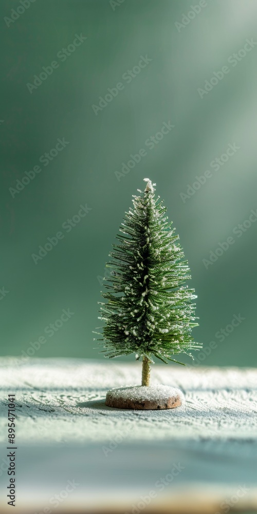 Poster hyperrealistic studio shot of a small christmas tree figurine on table with light green wall backgro
