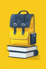 Fototapeta premium Flat design illustration of a yellow school backpack on top of a stack of books against a yellow background. Back to school.