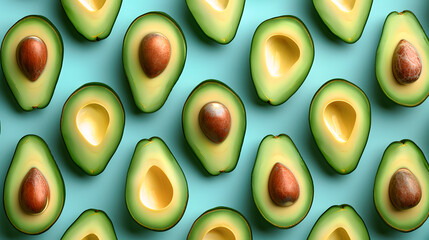Avocado pattern on blue background. Top view. Banner. Pop art design, creative summer food concept. Green avocadoes, minimal flat lay style.