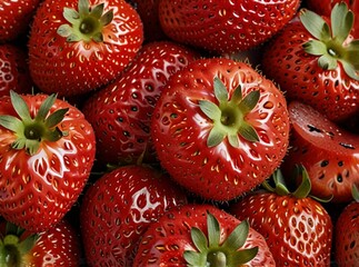 Red, juicy strawberries collected in boxing.. CLose up strawberries for background.