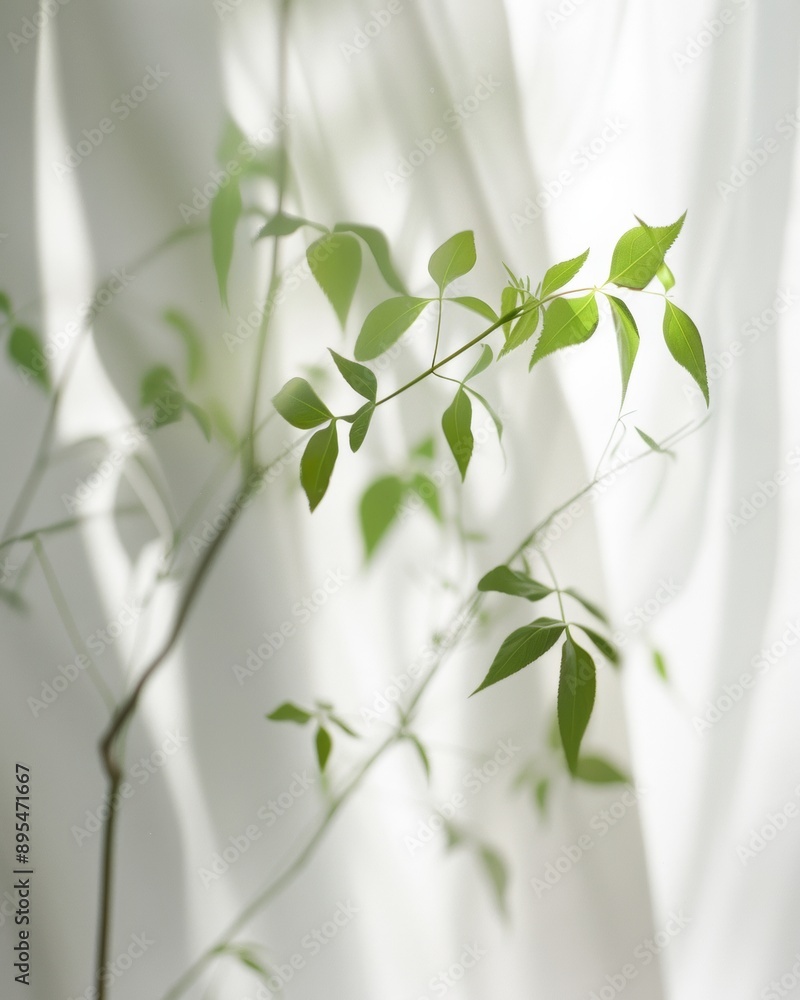 Poster abstract botanical image featuring blurry sprig in white fabric bag with symmetrical composition, lo