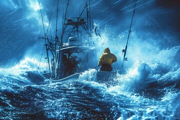 Fishermen Battling Strong Winds and Waves on a Fishing Boat. Generative AI