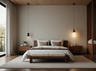 Interior of bedroom with big bed, minimalism white and brown color theme. copy space.