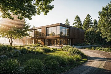 Obraz premium A modern two-story wooden building featuring expansive glass windows, set amidst lush greenery and trees in a natural setting.
